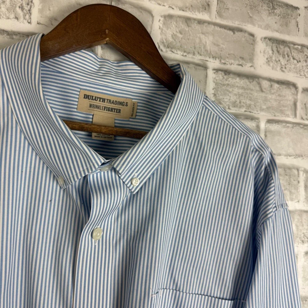 Duluth Trading Co Wrinklefighter Shirt Mens 3XL Light Blue Striped Relaxed Fit - Picture 2 of 7